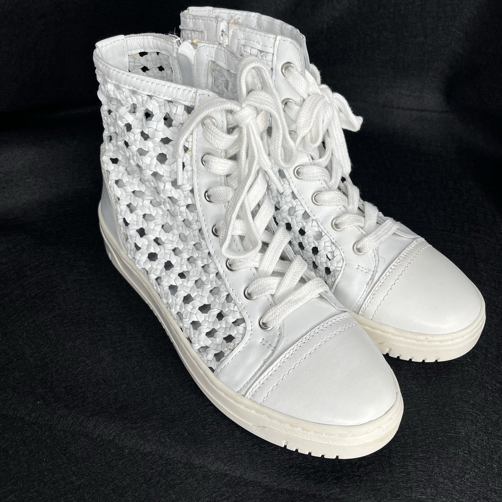 Free People Hayes High Top Sneakers Lace Up Side Zip Woven Ivory White 8.5 - Picture 3 of 12